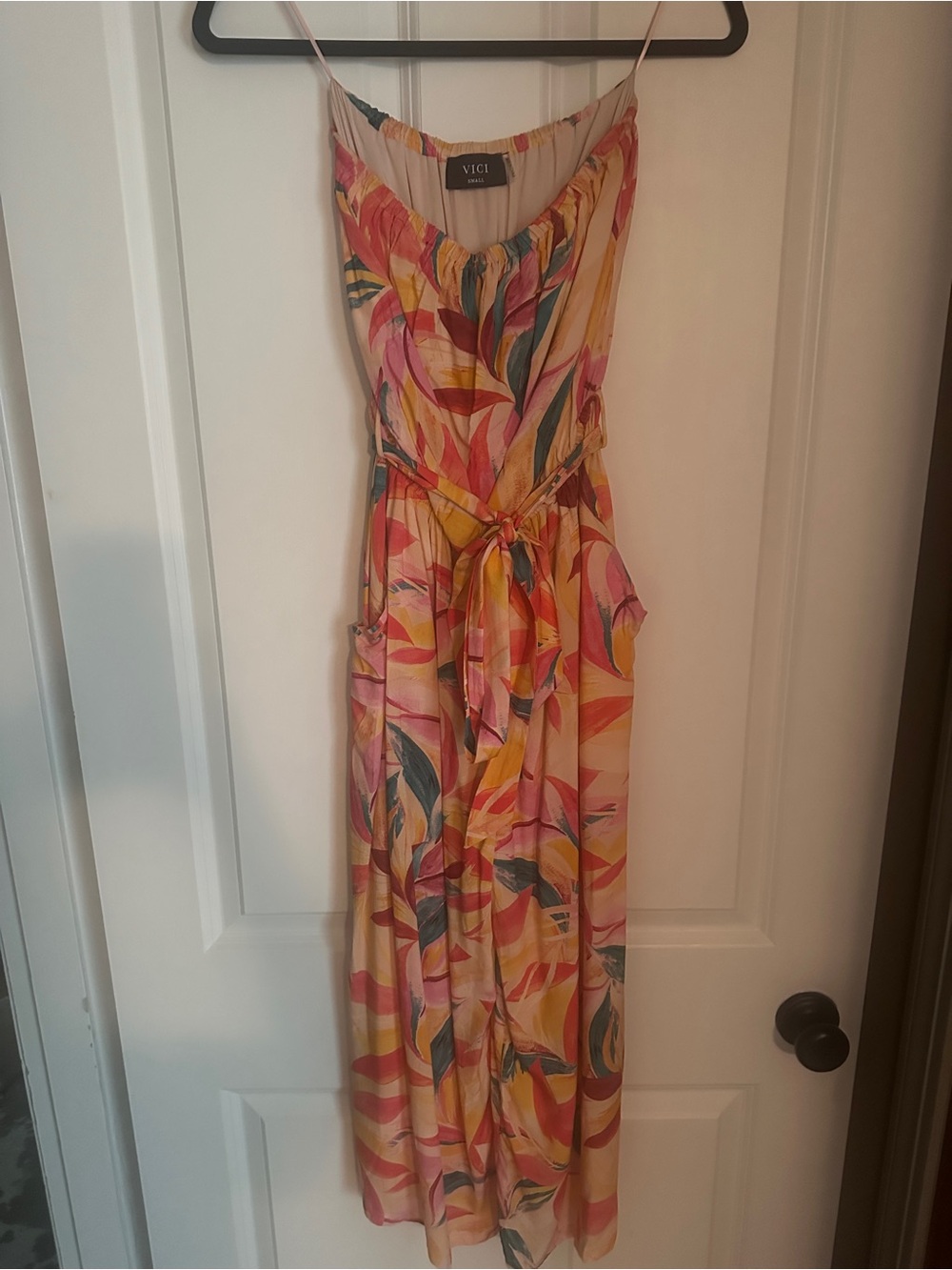 Vici Peach, Pink & Yellow Tropical jumpsuit.